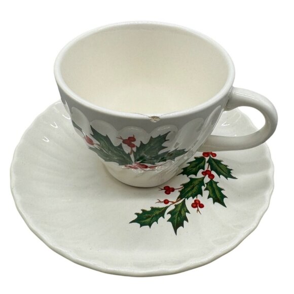 Holly Berry Christmas Teacup & Saucer Set Ceramic White & Green Used READ - Picture 1 of 7
